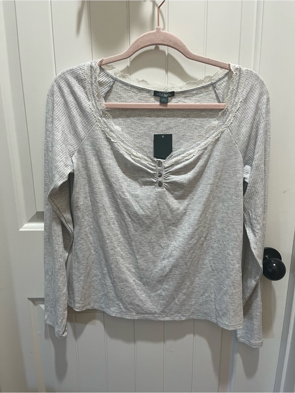 NWT Wild Fable Women's Gray Long Sleeve Top with Lace Trim - M - Y2K Inspired